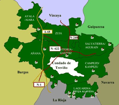 Mapa de Álava dividido en cuadrillas con la señalización de los distintos pueblos donde se localizan distintas danzas autóctonas
