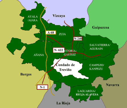 Mapa de Álava dividido en cuadrillas con la señalización de los distintos pueblos donde se localizan distintas danzas autóctonas